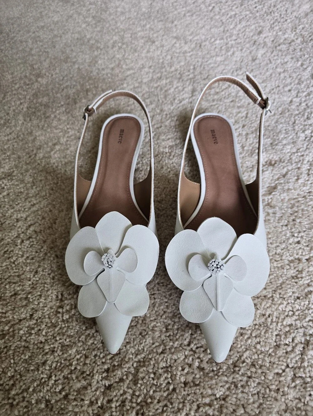 Anthropologie Maeve Floral Orchid Flower Slingback Heels Size 37 6.5 White Shoes